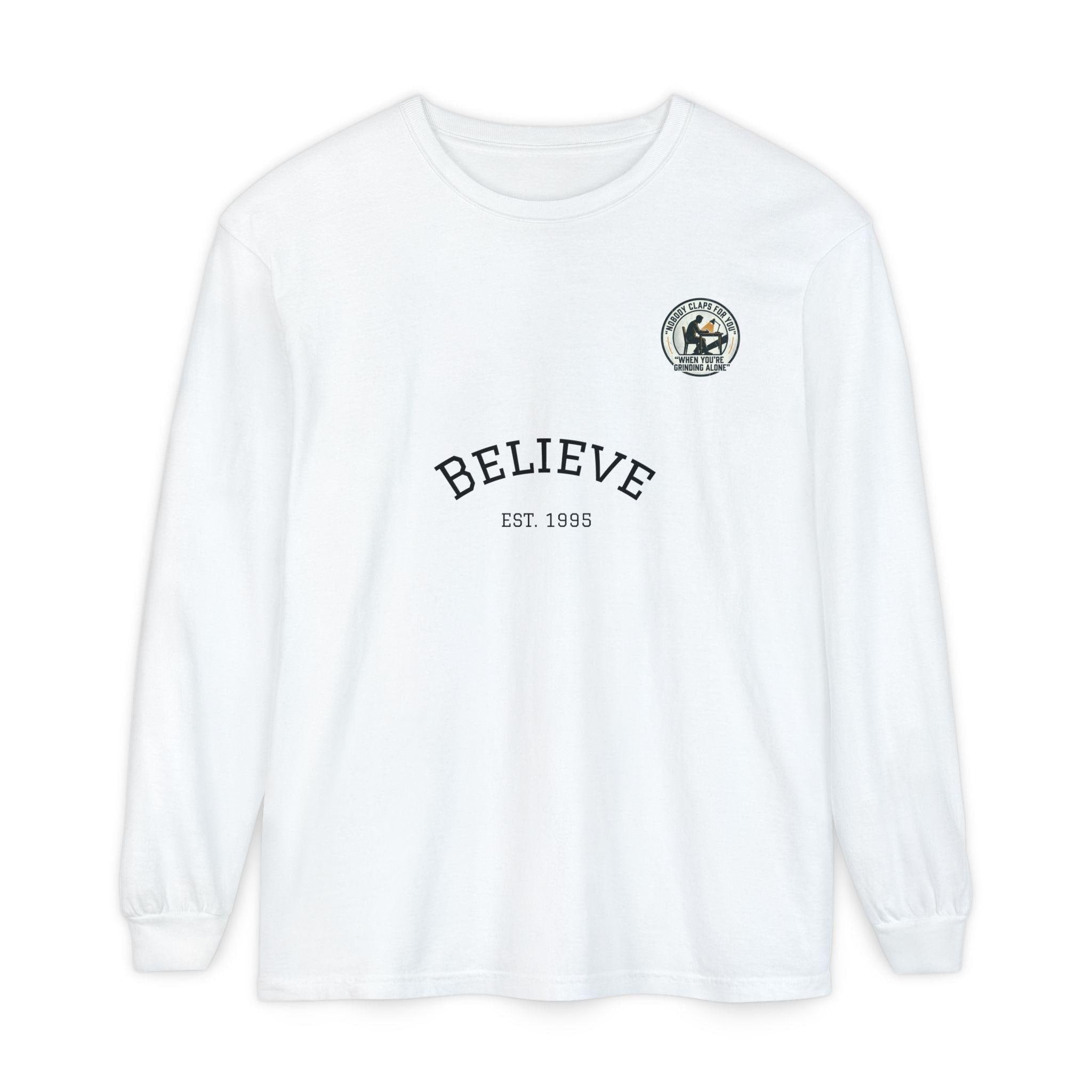 Believe EST 1985 Long Sleeve T-Shirt | Minimal Typography Chest Logo
