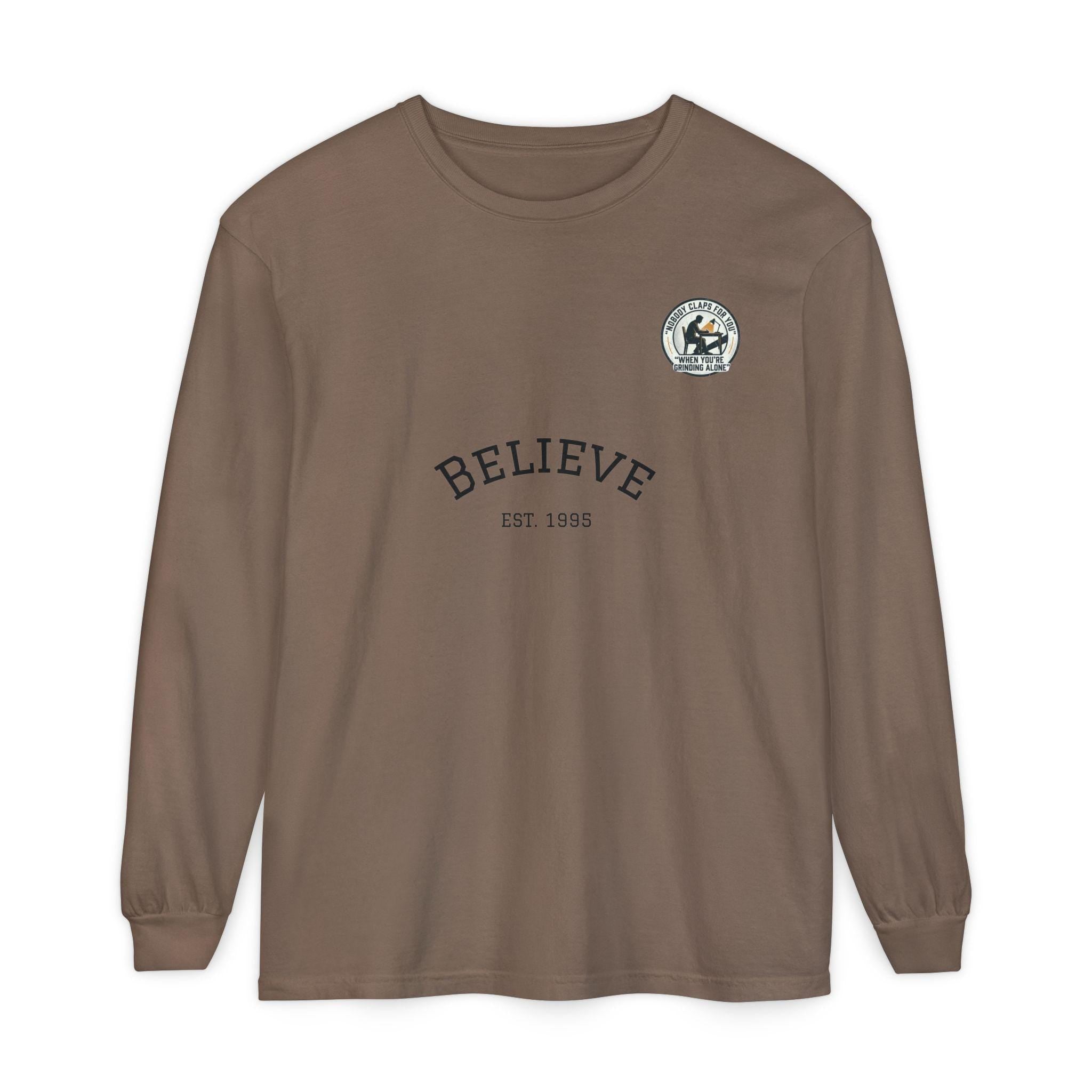 Believe EST 1985 Long Sleeve T-Shirt | Minimal Typography Chest Logo