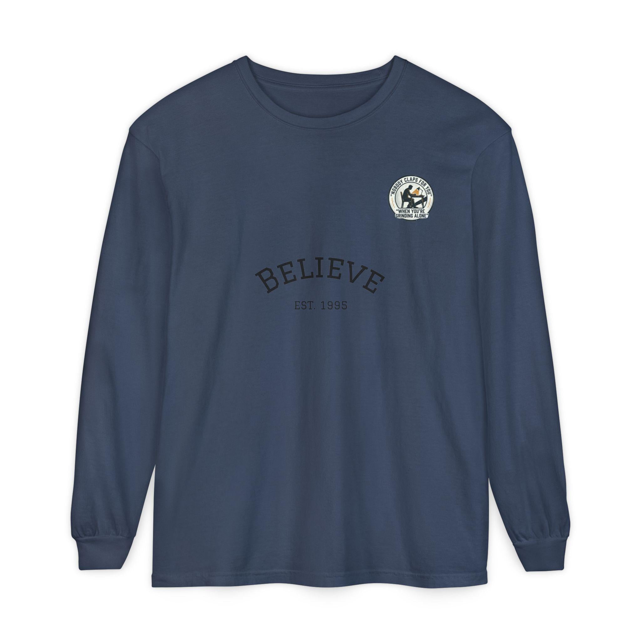 Believe EST 1985 Long Sleeve T-Shirt | Minimal Typography Chest Logo