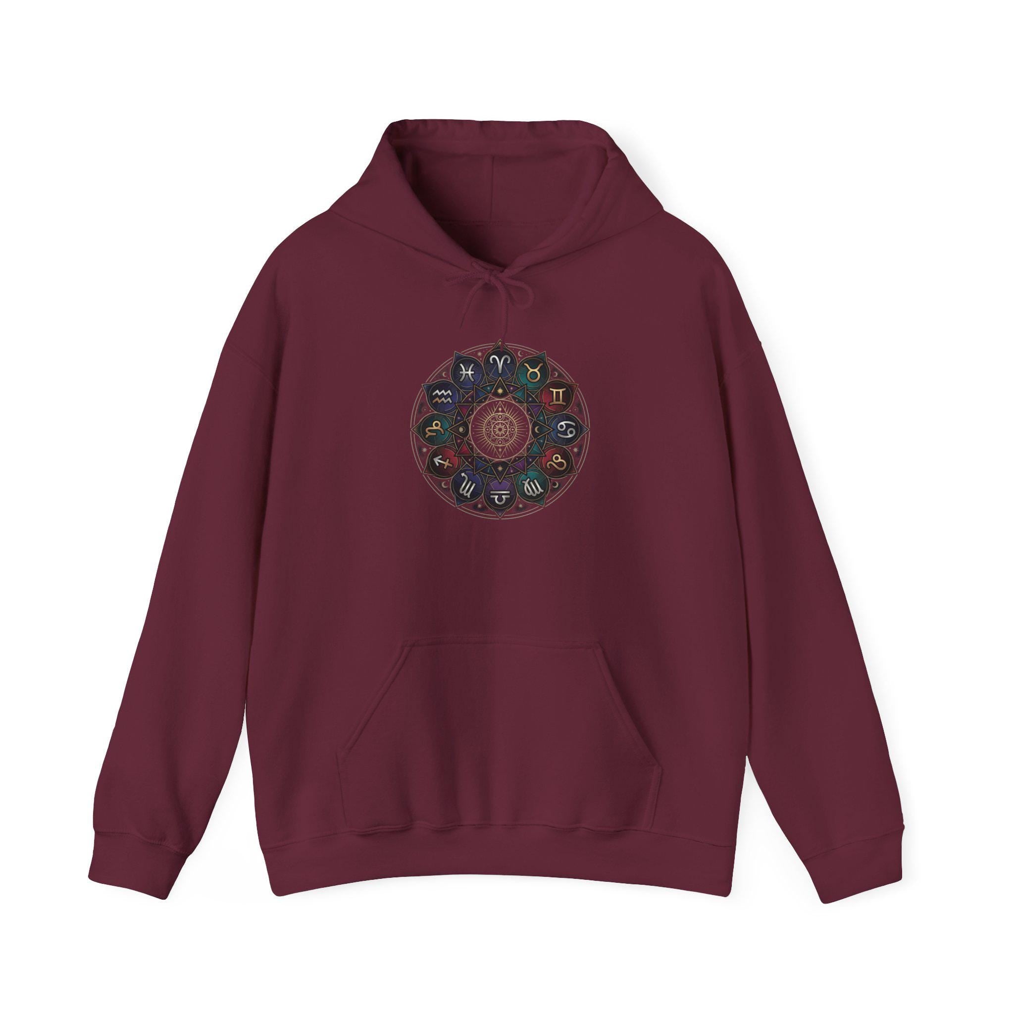 Astrology Boho Floral Mandala Hoodie | White Pullover, Symmetrical Flower Design