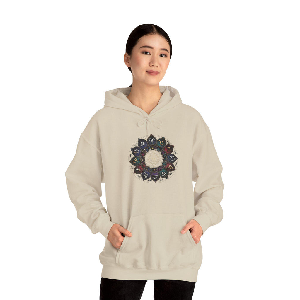 Astrology Boho Floral Mandala Hoodie | White Pullover, Symmetrical Flower Design