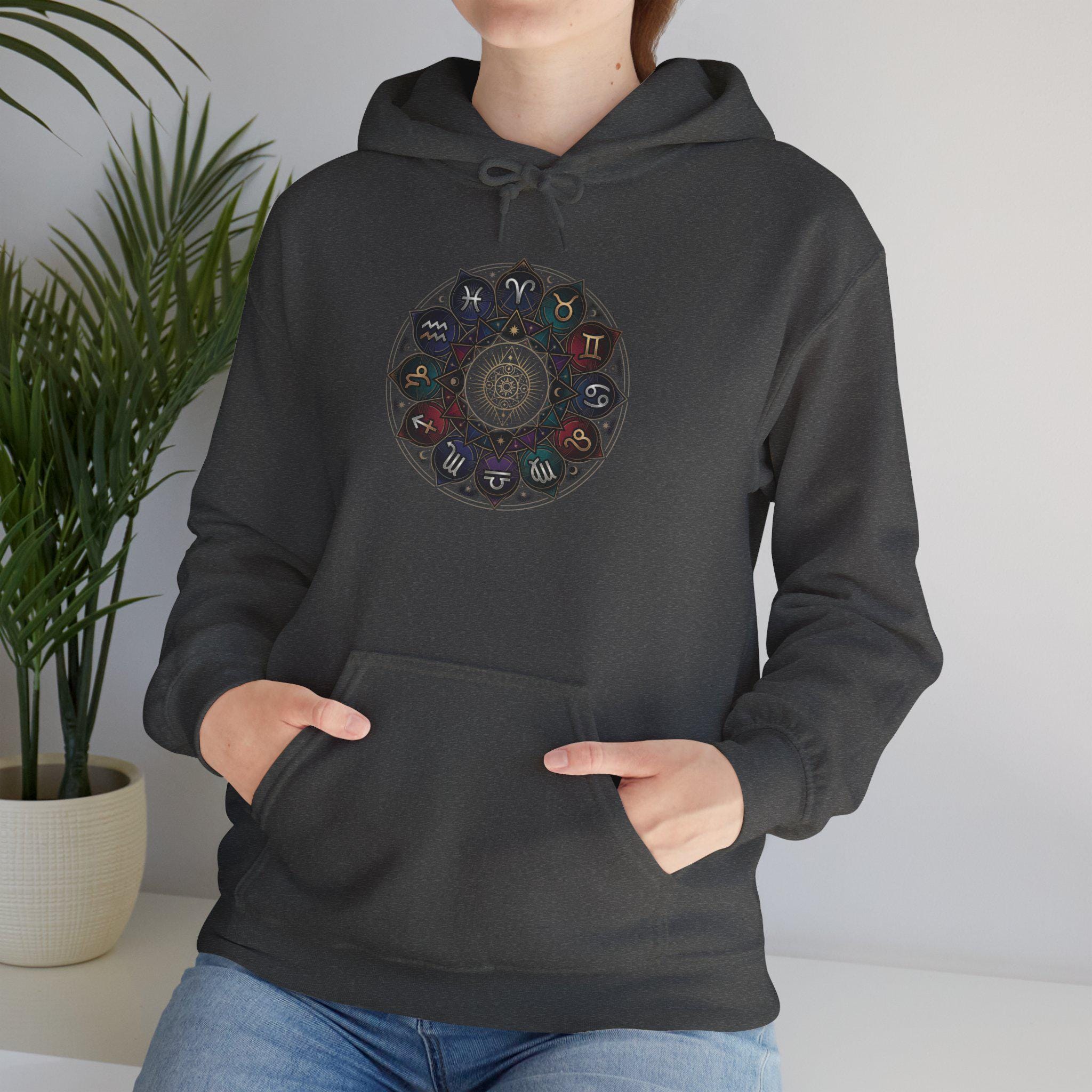 Astrology Boho Floral Mandala Hoodie | White Pullover, Symmetrical Flower Design