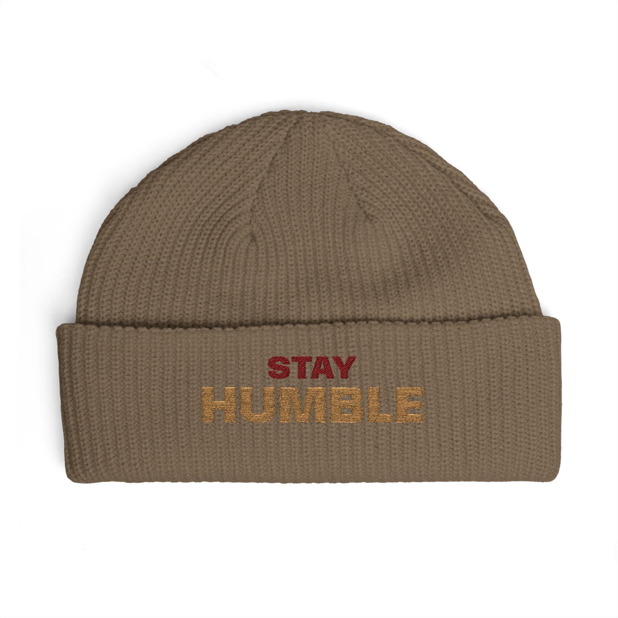 Stay Humble cuff beanie | embroidered slogan knit hat