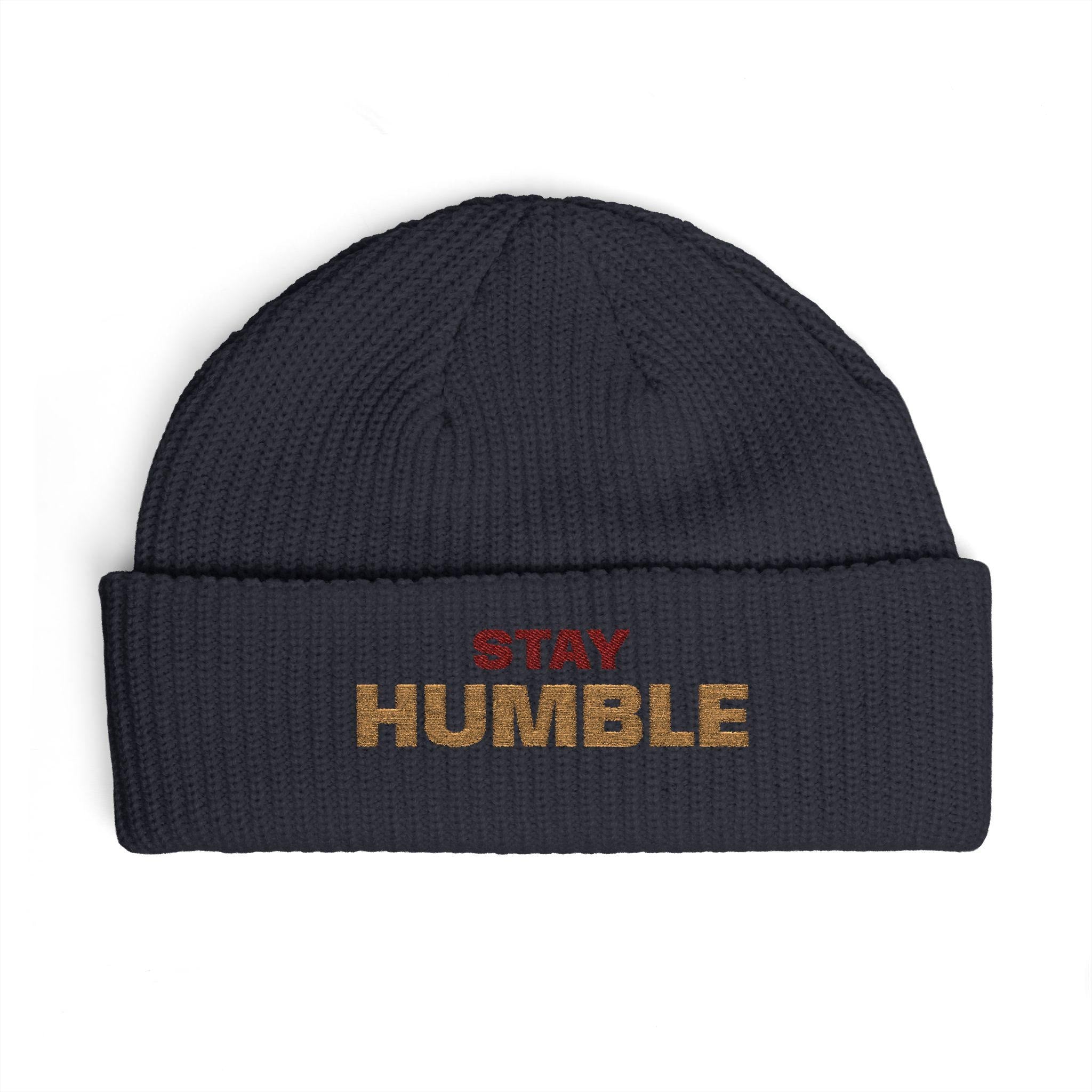 Stay Humble cuff beanie | embroidered slogan knit hat