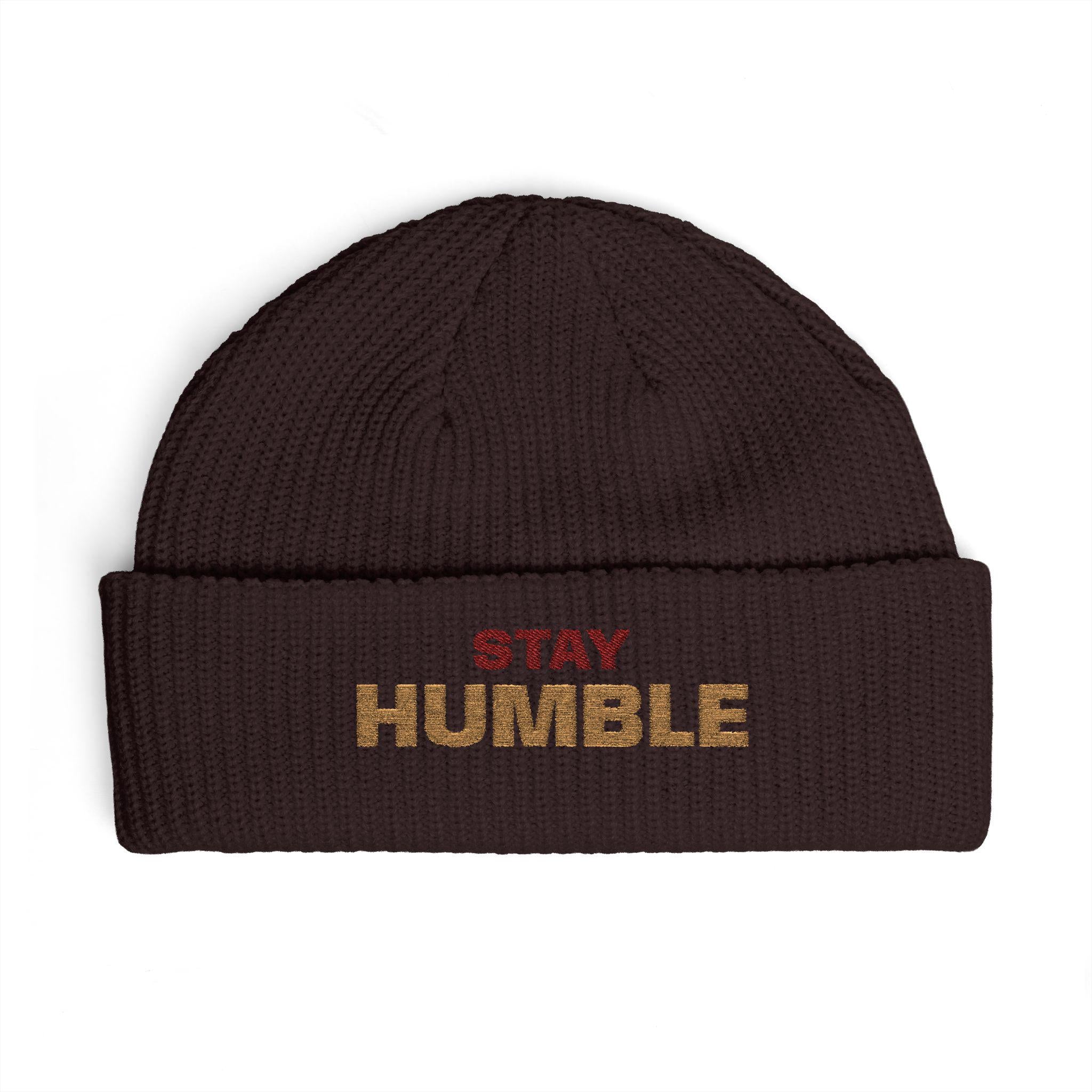 Stay Humble cuff beanie | embroidered slogan knit hat