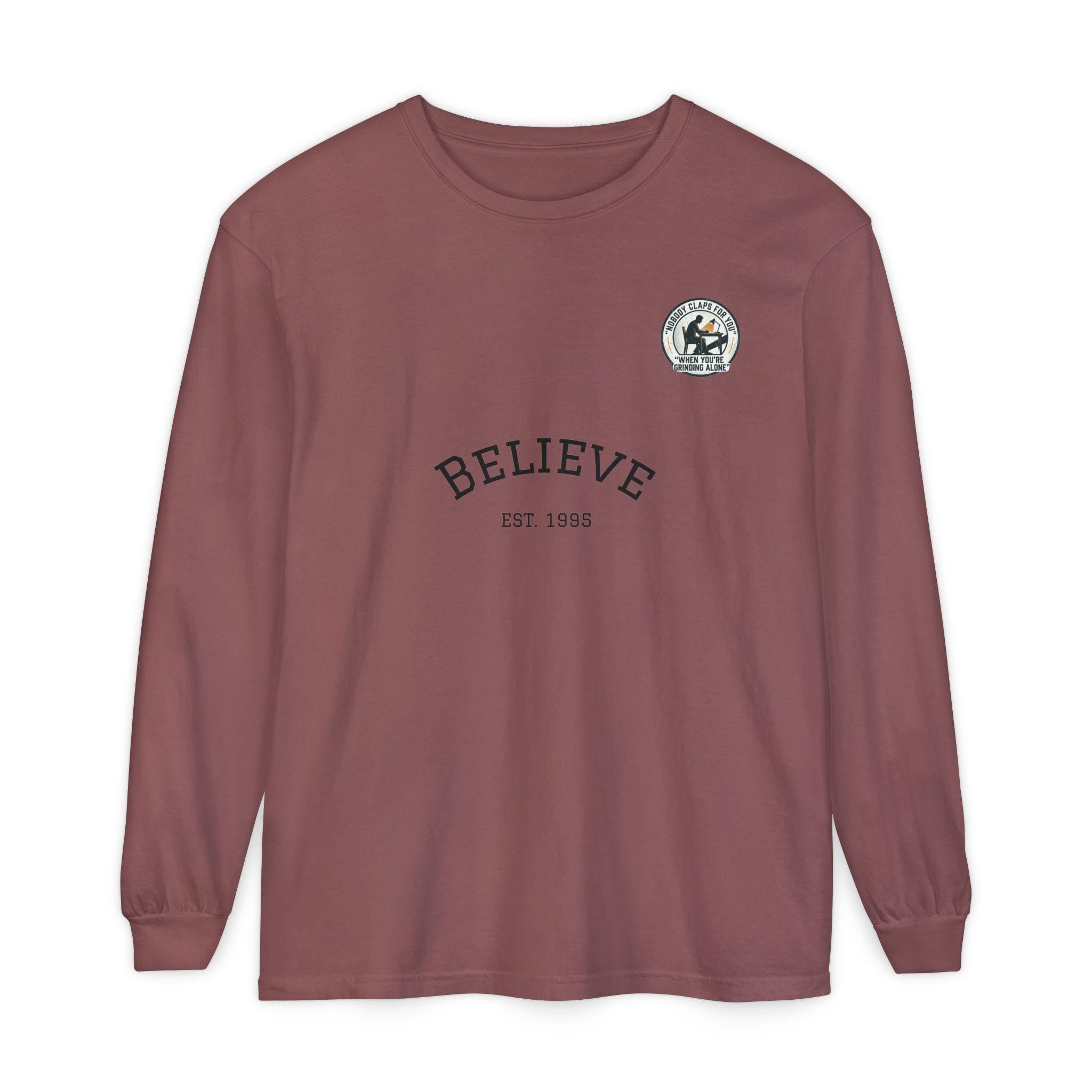 Believe EST 1985 Long Sleeve T-Shirt | Minimal Typography Chest Logo
