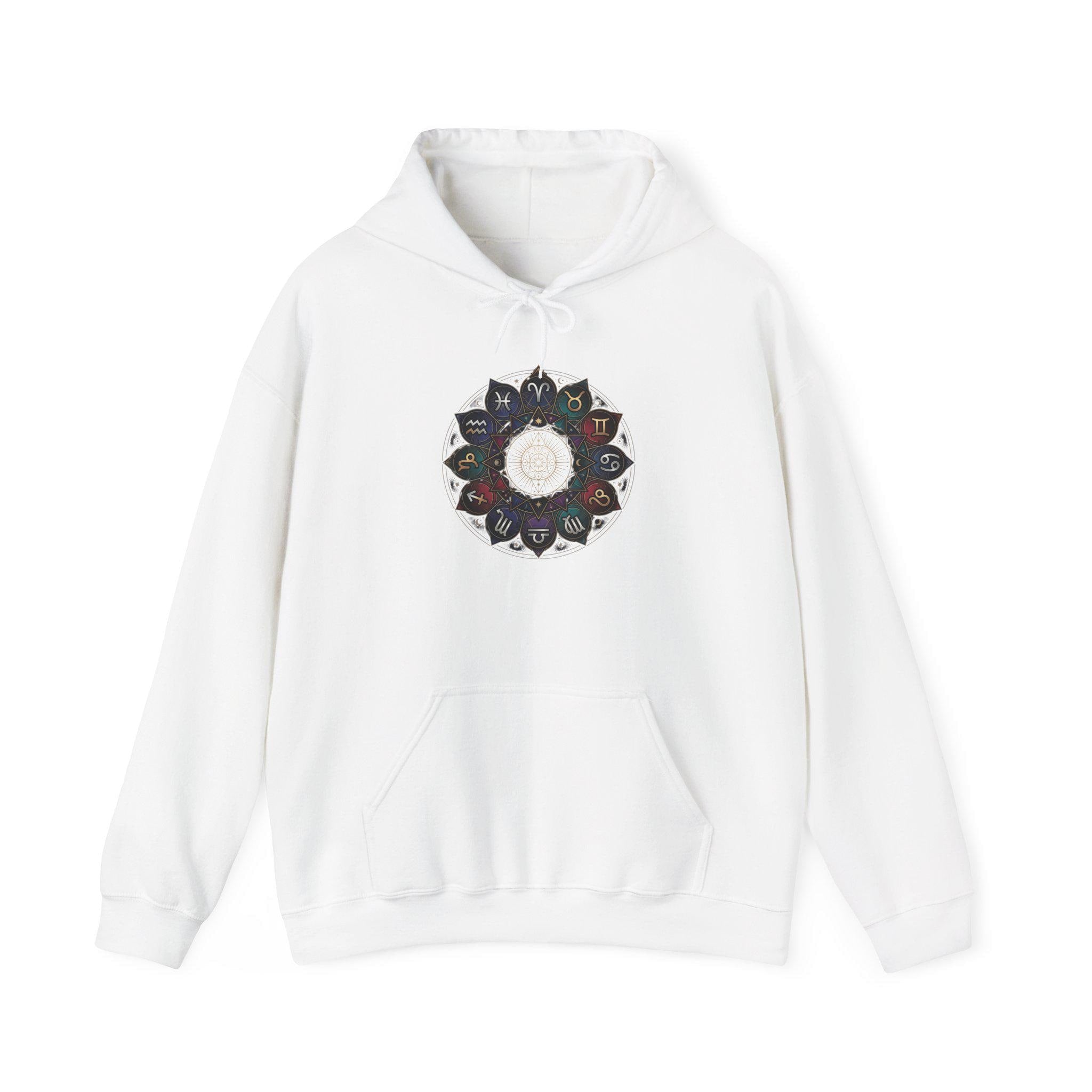 Astrology Boho Floral Mandala Hoodie | White Pullover, Symmetrical Flower Design