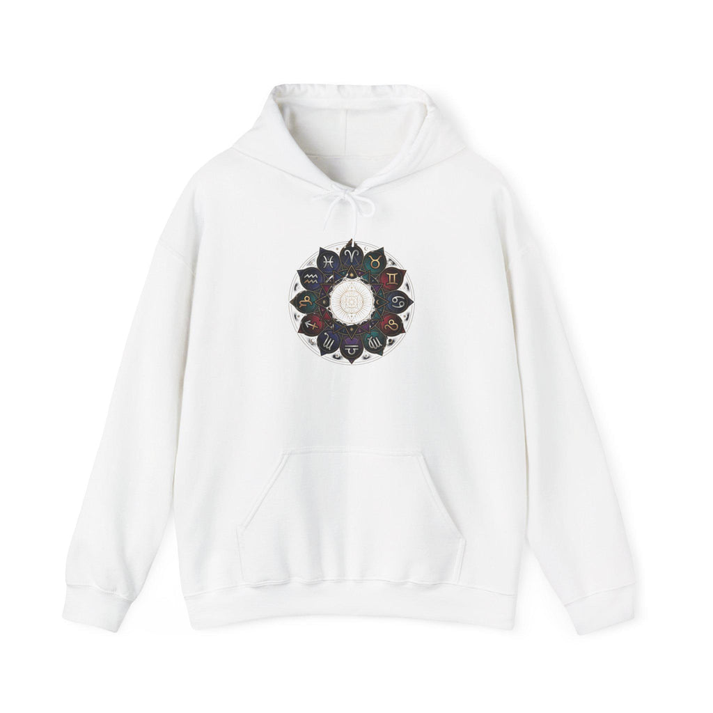 Astrology Boho Floral Mandala Hoodie | White Pullover, Symmetrical Flower Design