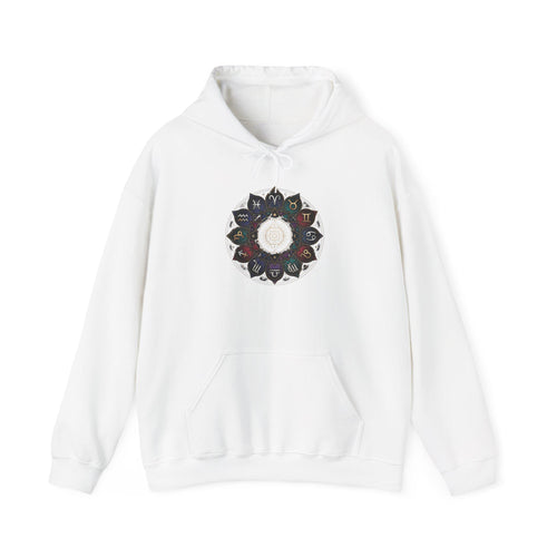 Astrology Boho Floral Mandala Hoodie | White Pullover, Symmetrical Flower Design