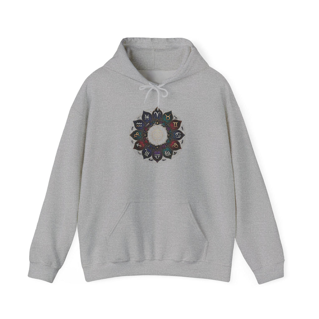 Astrology Boho Floral Mandala Hoodie | White Pullover, Symmetrical Flower Design