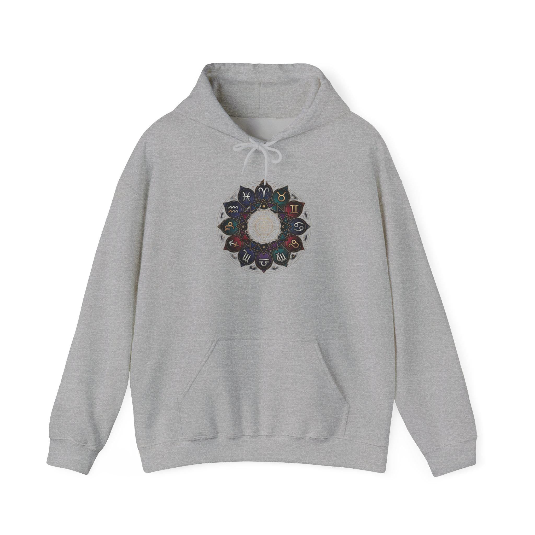 Astrology Boho Floral Mandala Hoodie | White Pullover, Symmetrical Flower Design