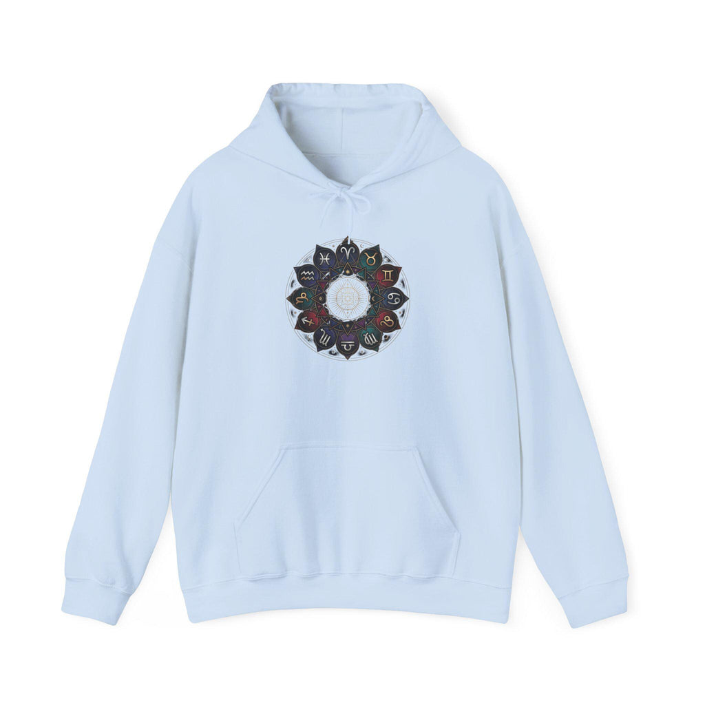 Astrology Boho Floral Mandala Hoodie | White Pullover, Symmetrical Flower Design