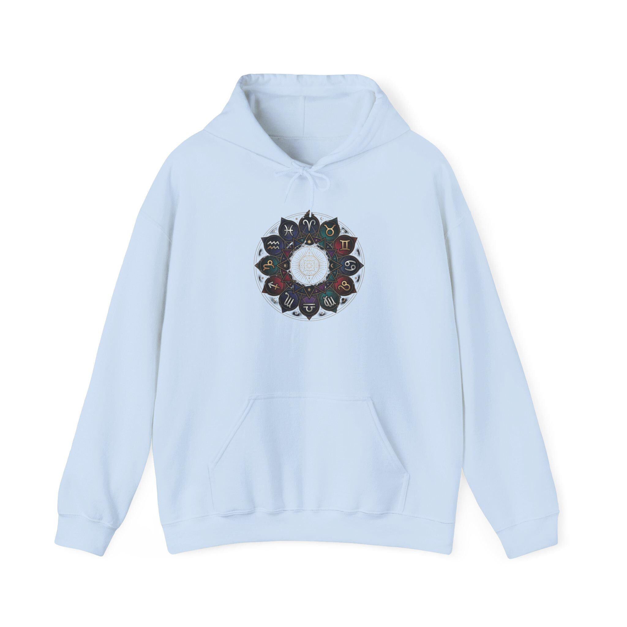 Astrology Boho Floral Mandala Hoodie | White Pullover, Symmetrical Flower Design