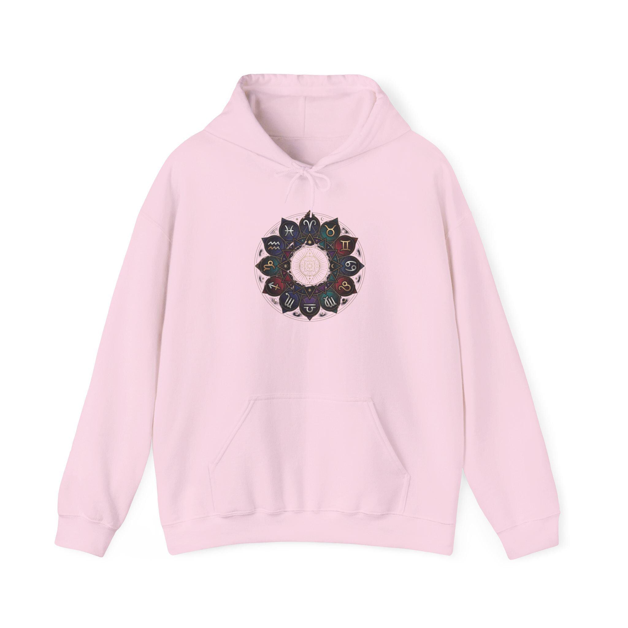 Astrology Boho Floral Mandala Hoodie | White Pullover, Symmetrical Flower Design