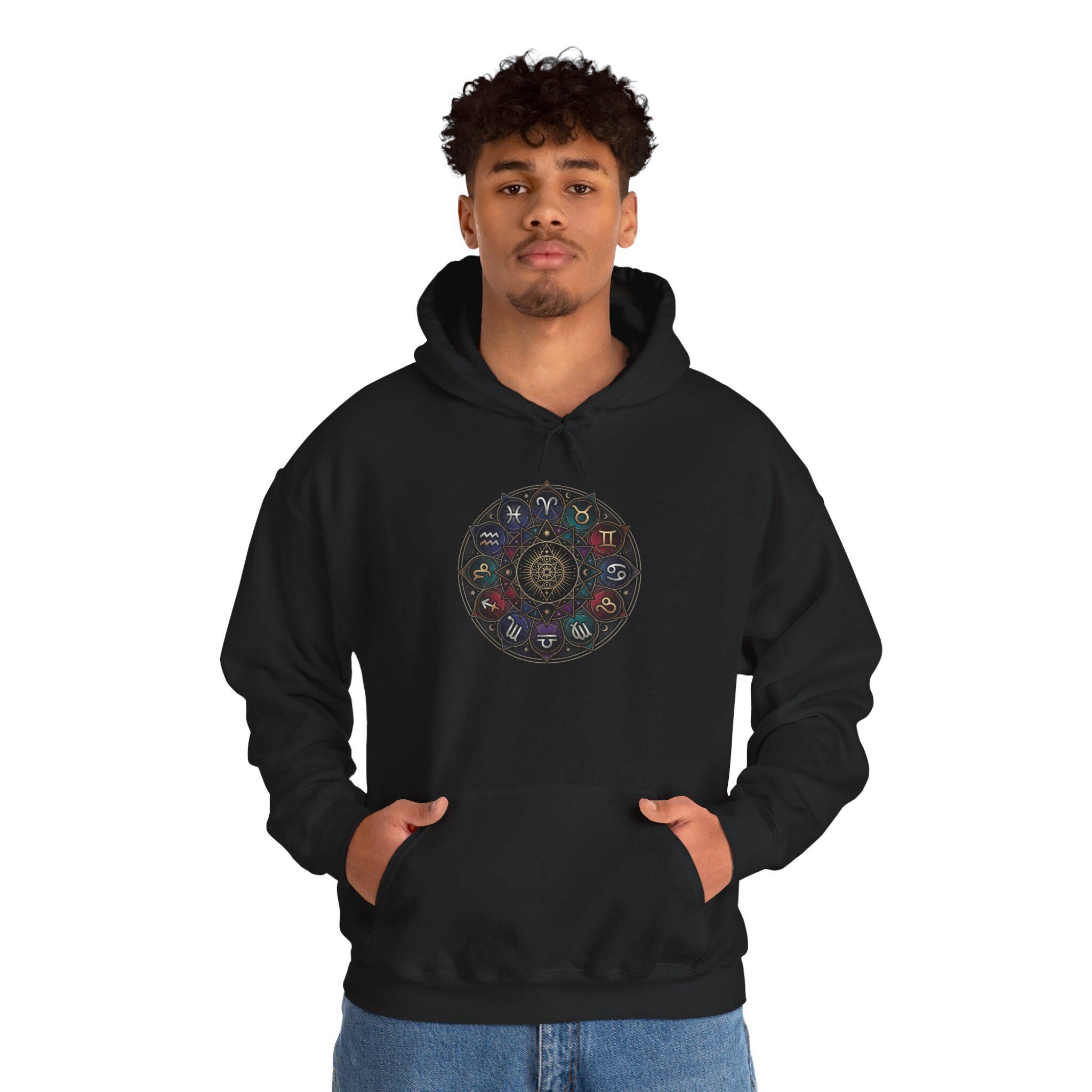 Astrology Boho Floral Mandala Hoodie | White Pullover, Symmetrical Flower Design