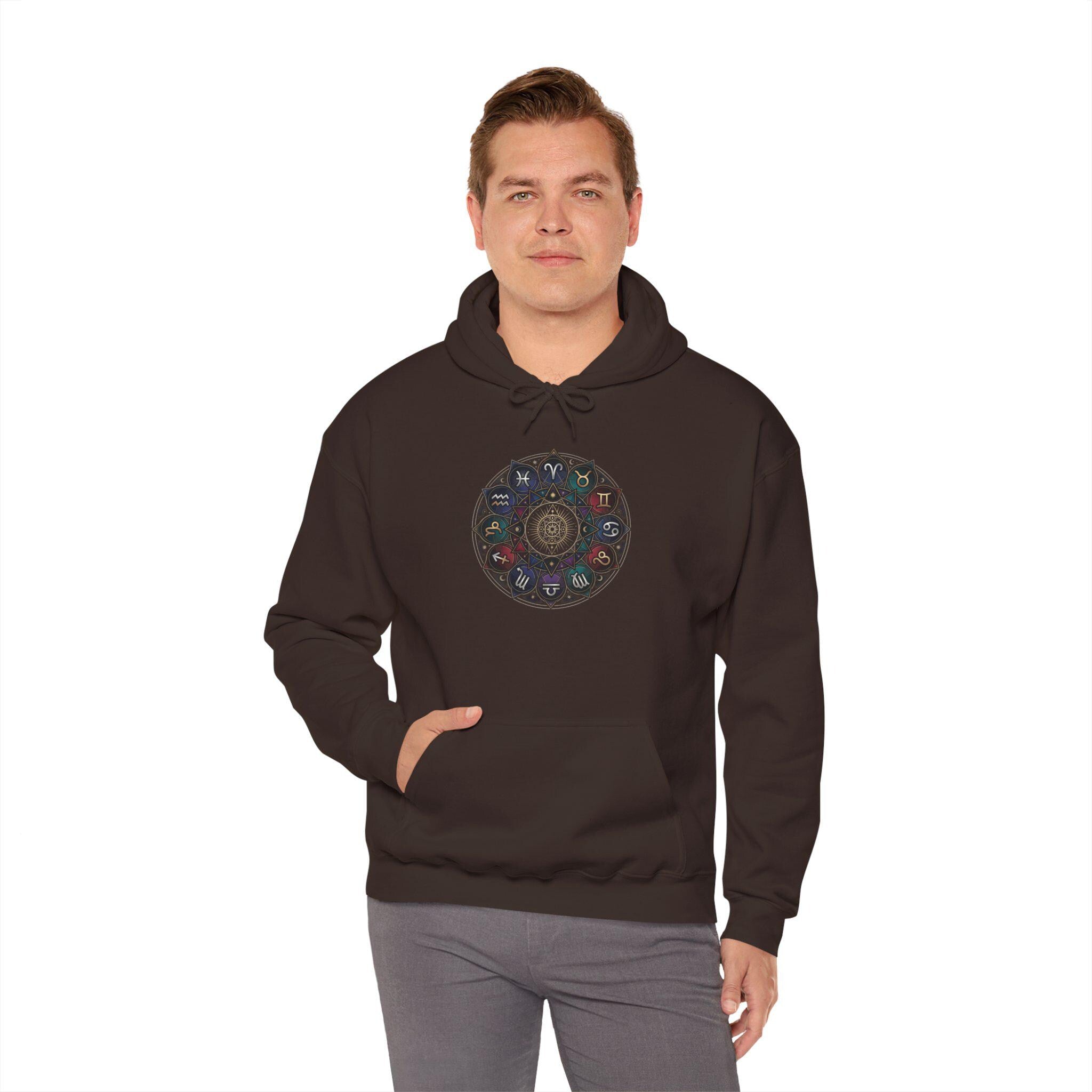 Astrology Boho Floral Mandala Hoodie | White Pullover, Symmetrical Flower Design