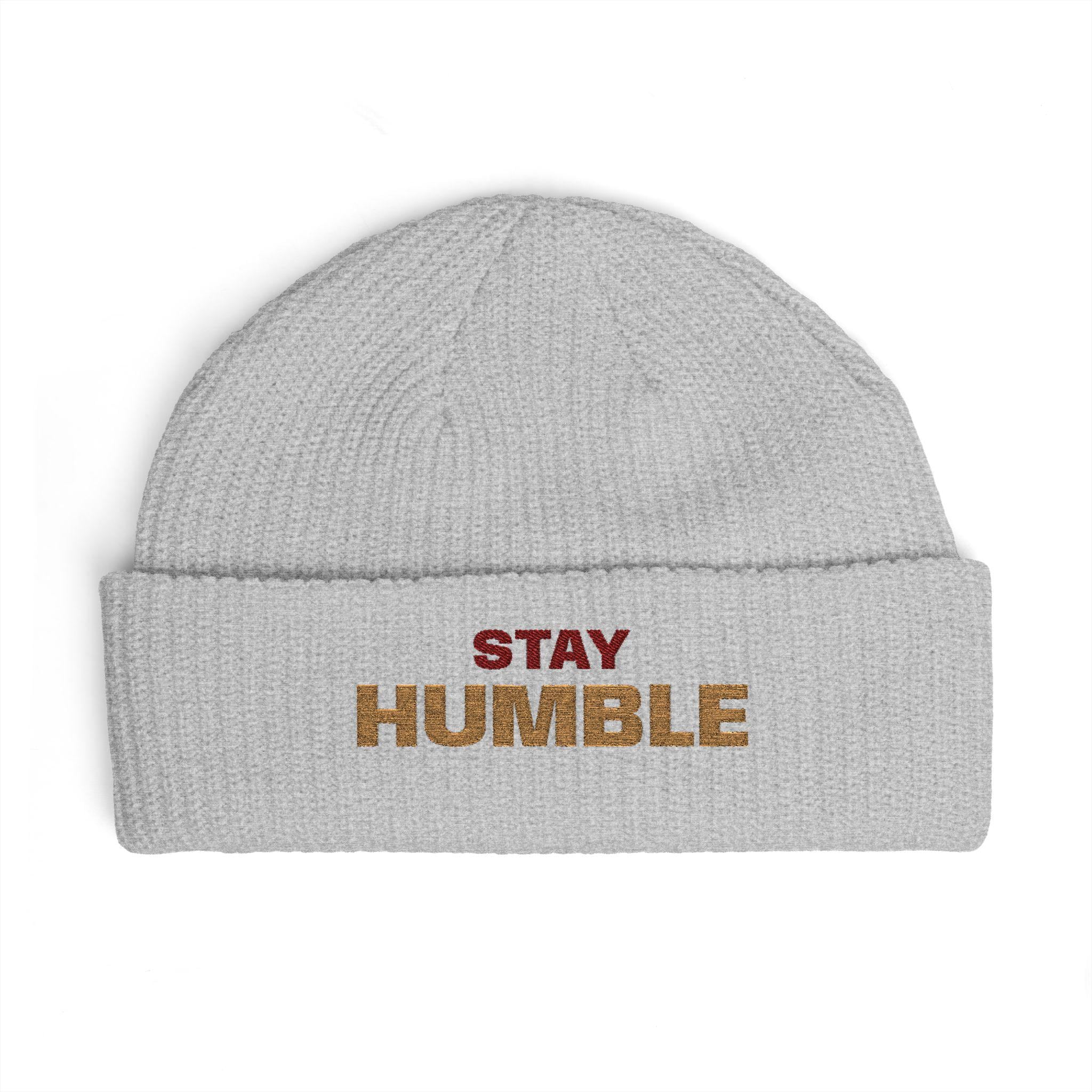 Stay Humble cuff beanie | embroidered slogan knit hat