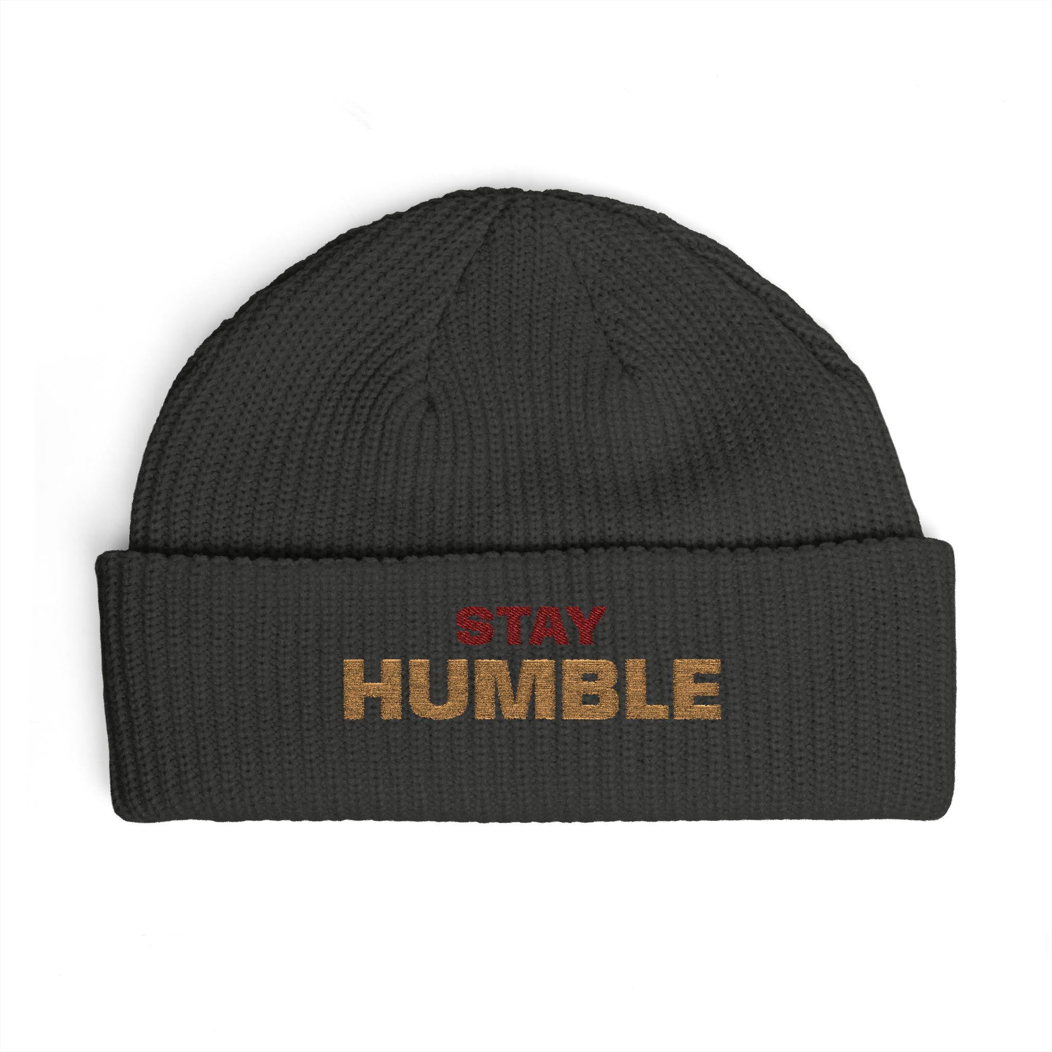 Stay Humble cuff beanie | embroidered slogan knit hat