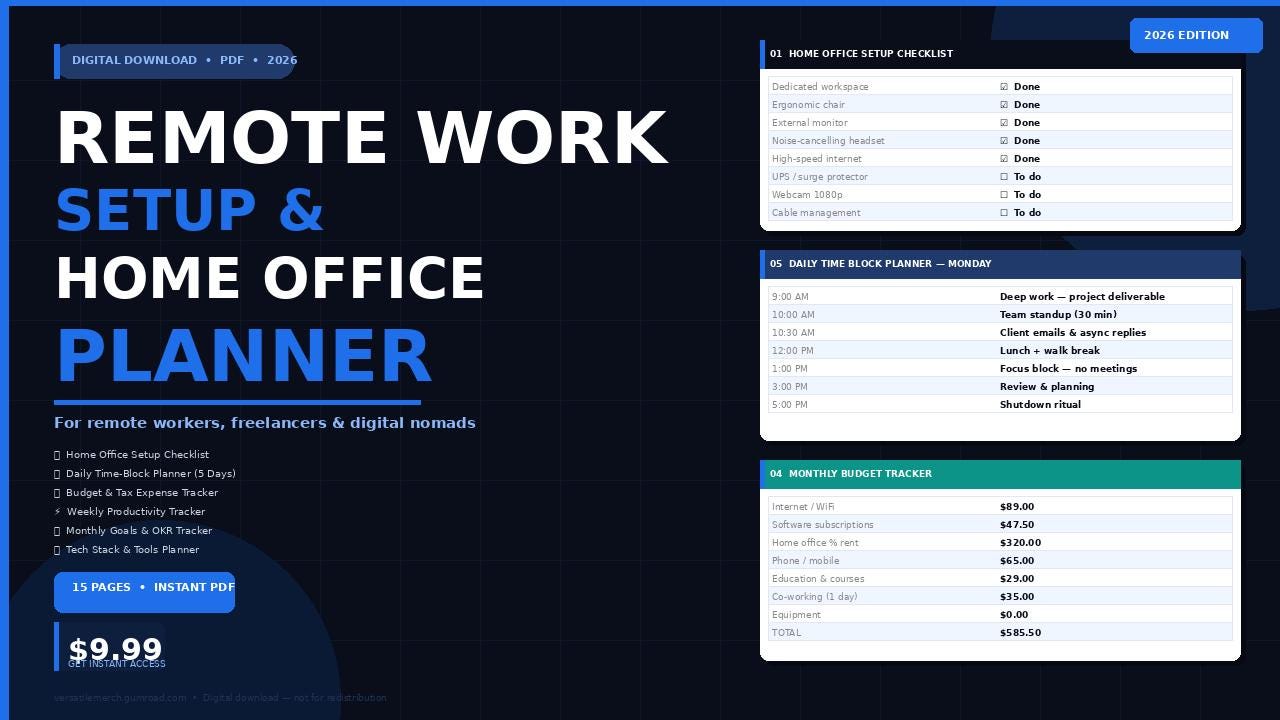 Remote Work Planner PDF | Home Office Setup Checklist | Work From Home Planner | Productivity Tracker 2026