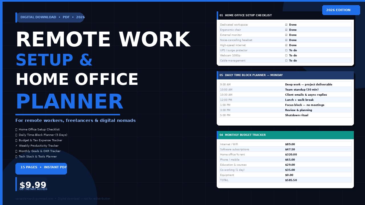 Remote Work Planner PDF | Home Office Setup Checklist | Work From Home Planner | Productivity Tracker 2026