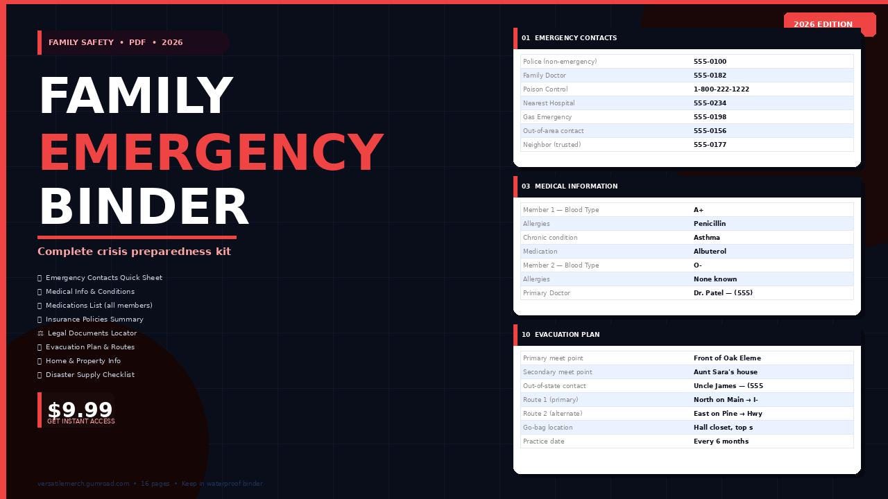 Family Emergency Binder PDF | Crisis Preparedness Kit | Emergency Contacts | Evacuation Plan | Medical Info 2026