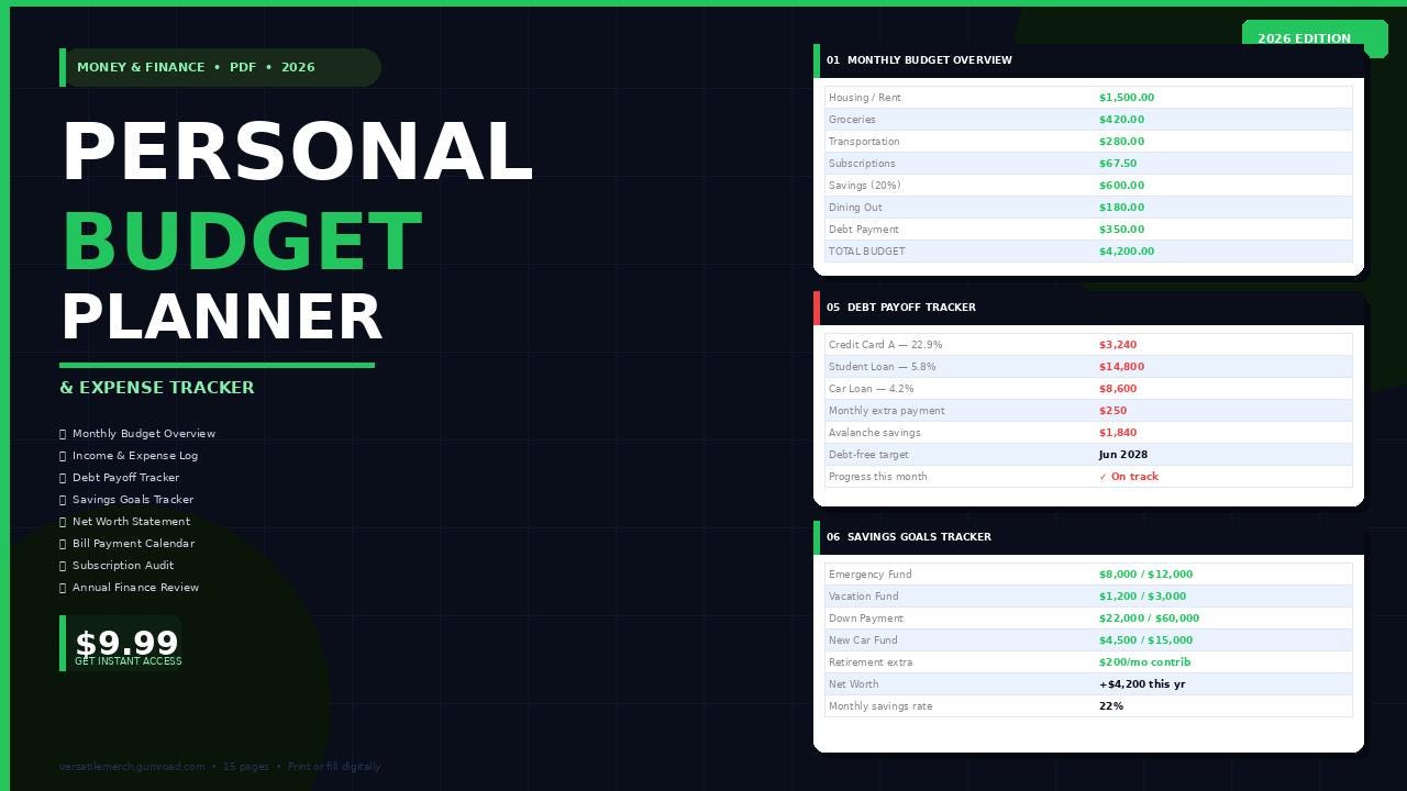 Personal Budget Planner PDF | Monthly Expense Tracker | Debt Payoff | Savings Goals | Finance Planner 2026