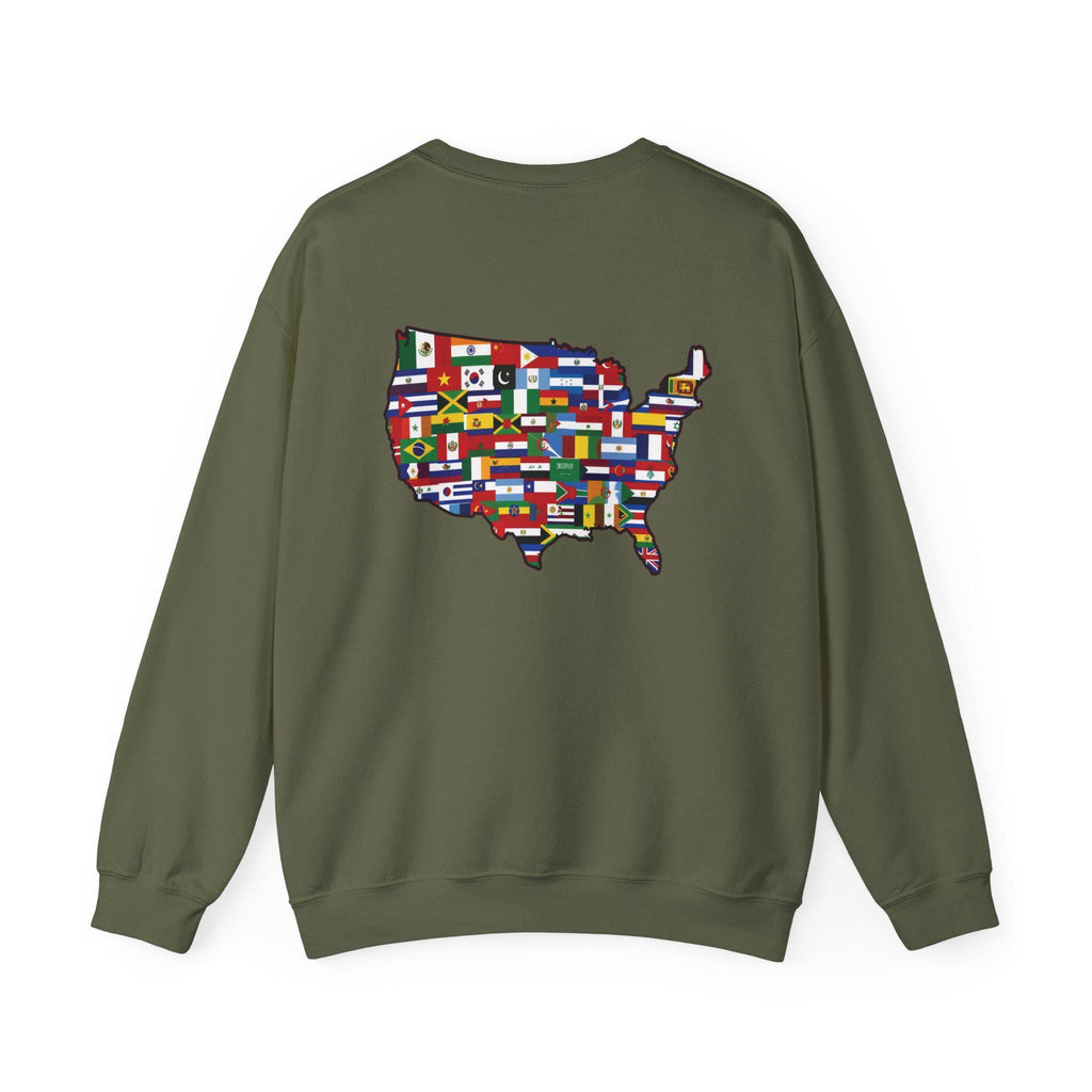America Runs on Immigrants Sweatshirt | USA Map Filled with World Flags