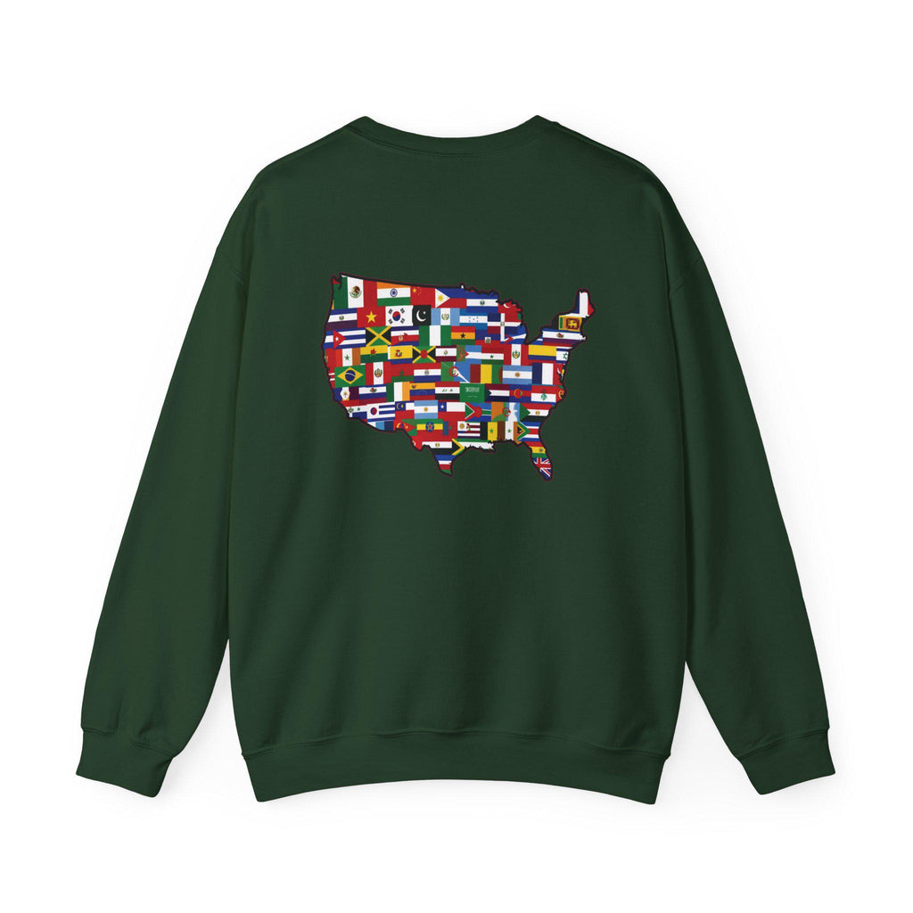 America Runs on Immigrants Sweatshirt | USA Map Filled with World Flags