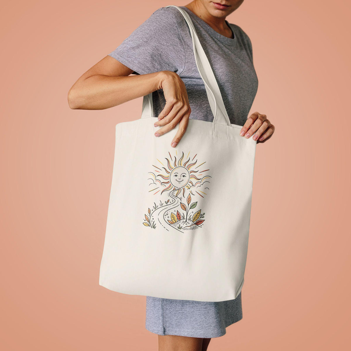 Smiling Sun Botanical Illustration Tote Bag | Earthy Floral Canvas