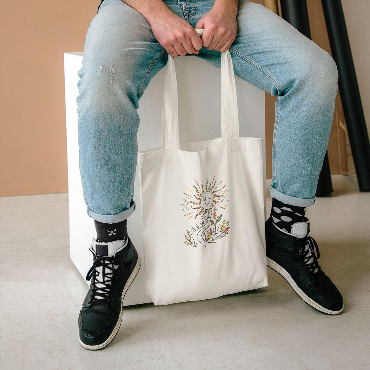 Smiling Sun Botanical Illustration Tote Bag | Earthy Floral Canvas